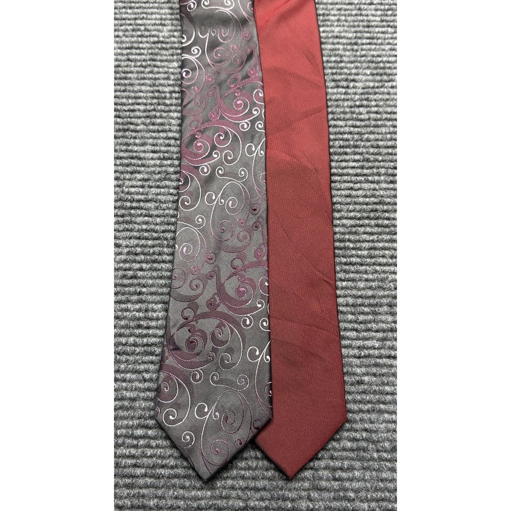 Alfani Neckties Mens One Size Gray Purple Swirl Silk + Burgundy Solid Lot of 2
